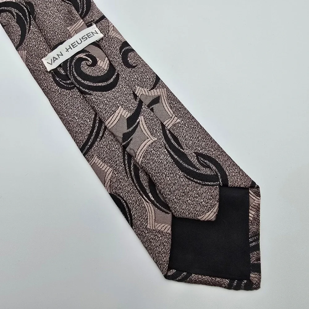 Van Heusen Mens Necktie Taupe‎ Black Woven Swirl Geometric Pattern Polyester Tie